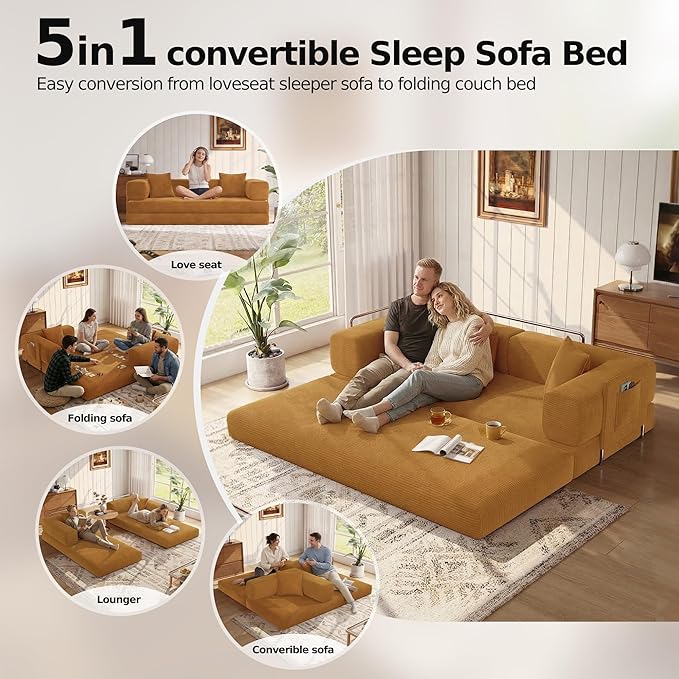 MoonSpeak 78.8''Sleeper Couch Bed for LivingroomConvertible Modular Sofa with Armrest PillowModular Foldable Corduroy Couches in a BoxNo Assembly (Yellow)