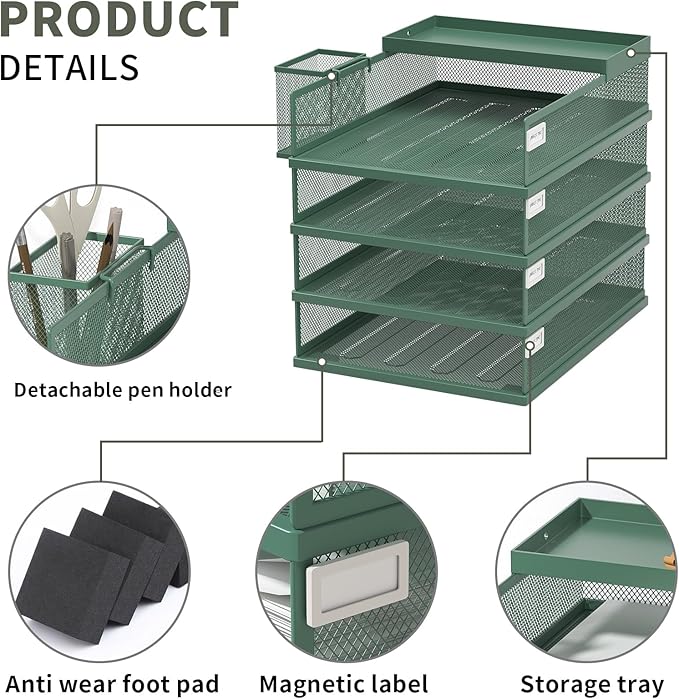 Stackable Letter Trays 4 Tier Metal Paper Tray &amp Desk Organizer Stackable File Trays for Office &amp Home Multi-Functional Document Tray with Fine Grid Design &amp Magnetic LabelsGreen