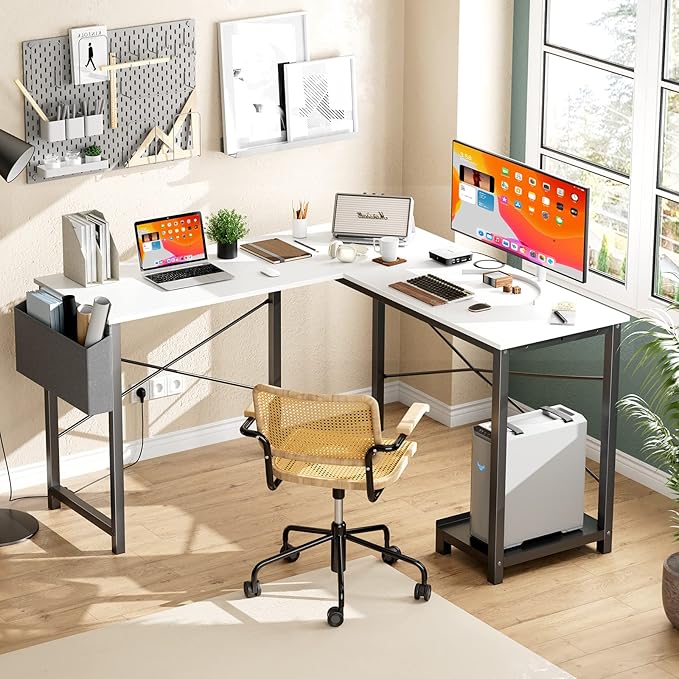 L Shaped DeskCorner Computer Desk Sturdy Metal Frame CPU Stand Side Bag Reversible for Home Office Small Place (White50 Inch)