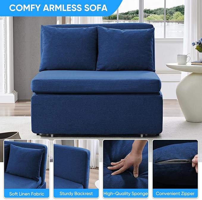 Mjkone 43 Width Twin Size Sleeper Sofa Bed 2-in-1 Modern Convertible Linen Sofa Sleeper Pull Out Couch Bed with Cushions &amp Throw Pillows for Living Room Home Office Small Place Blue