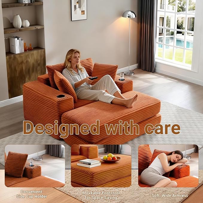 53 Oversized Chaise Lounge Chair Indoor Modular 3-in-1 Corduroy Boneless Chair Cloud-Like Cozy Comfy Sofa Bed Sleeper Couch for Reading Living Room Bedroom Orange