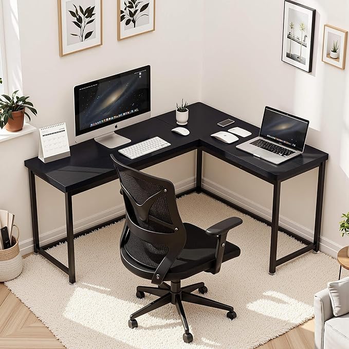 ivinta L Shaped Desk Modern Corner Home Office Computer Desk with 2 Thicker Desktop for Study Work Simple Reversible Worksation with Metal Frame for Bedroom Living Room Novas (Black)