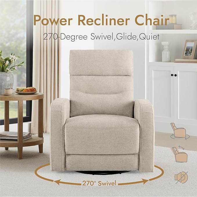 Watson &amp Whitely Swivel Power Recliner with Adjustable Headrest Recliner Chairs for Adults Small Glider Rocker for Living Room Fabric in Khaki