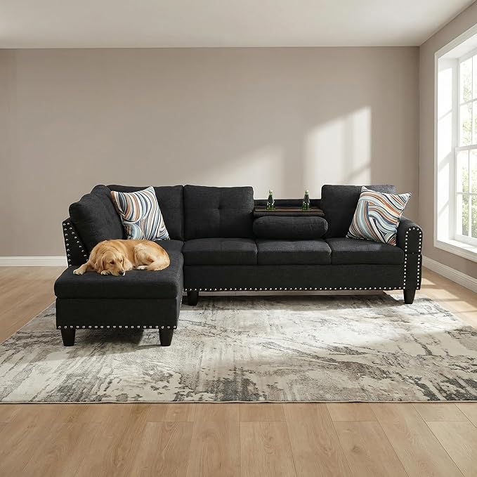 L-Shaped Sectional Couch with Cup Holders Living Room Sofa with Lounge Chaise Modern 4 Seater Sofa Couch for Living Room Small Apartment &amp Office Black Gray