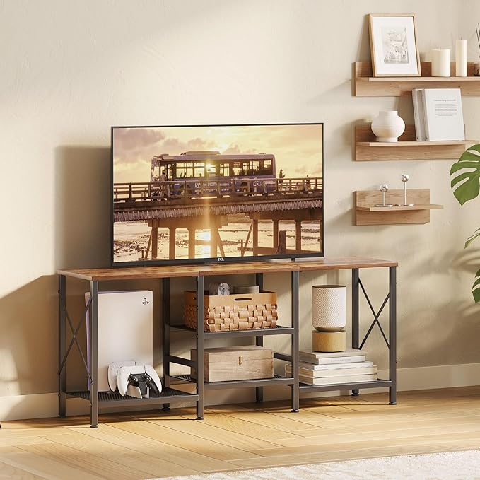 TV Stand for 55 Inch TV Entertainment Center with 3-Tier Open Shelves TV Console Table for Living Room Bedroom Rustic Brown