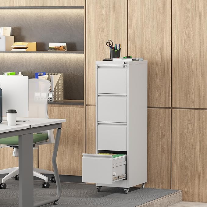 4 Drawer Small Metal Vertical File Cabinet with LockUnder Desk Storage Organizer LockingFiling Cabinets for Home Office17.71 D*15.16 W*52.28 HWhite-4Drawer-Wheels
