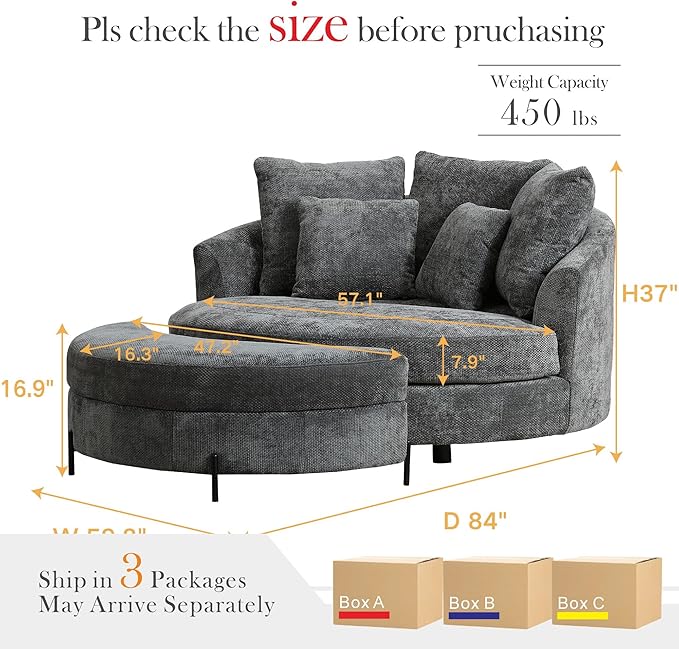Aoiy &amp Wifon 59.8 W Oversized Barrel Chair with Ottoman Round Chair with Ottoman Extra Large Living Room Chair Set with Wheels Knitted Chenille Charcoal