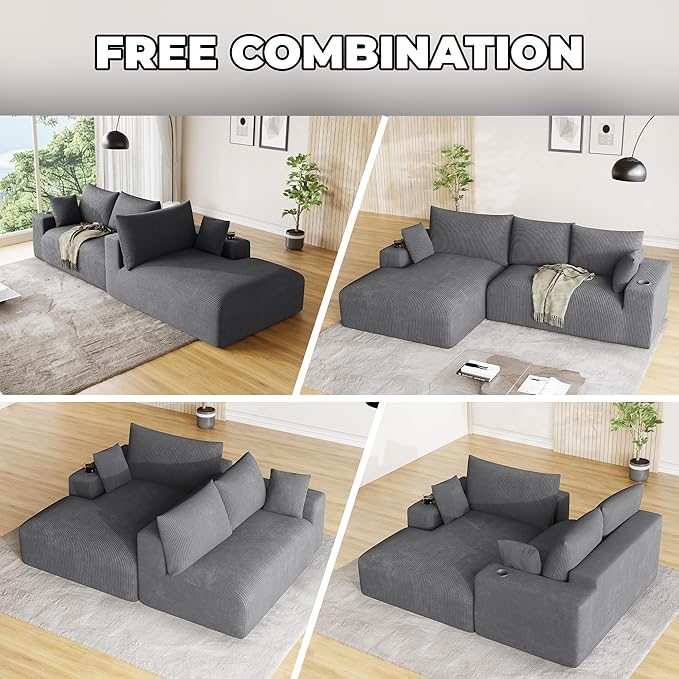 Oversized L Shaped Boneless Couch with 52 Wide Oversize Chaise 113 Fluffy Cloud Sectional Couches for Living Room Plush Corduroy Memory Foam Modular Sectional Sofa with Cup Holder Grey