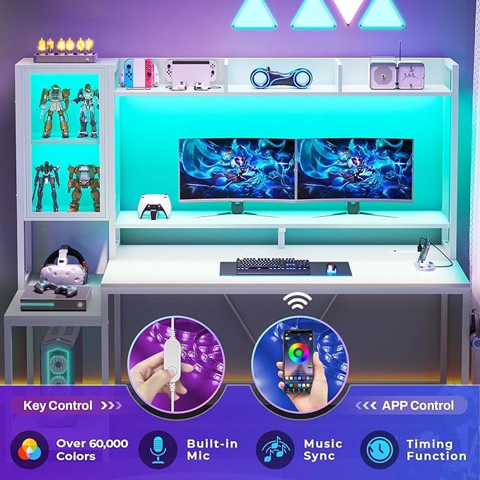 SEDETA White Gaming Desk 60'' Gaming Desk with Hutch and LED Lights Computer Desk with Storage Shelves Large PC Gamer Desk with Display Cabinet Monitor Stand Power Outlet for Home Office