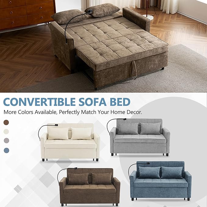 Harper &amp Bright Designs 56.9 Modern Convertible Sleeper Sofa Bed Loveseat Sofa Couch with a Reversible Backrest Cushion Side Pockets Two USB Ports and a Phone Holder for Living Room Brown