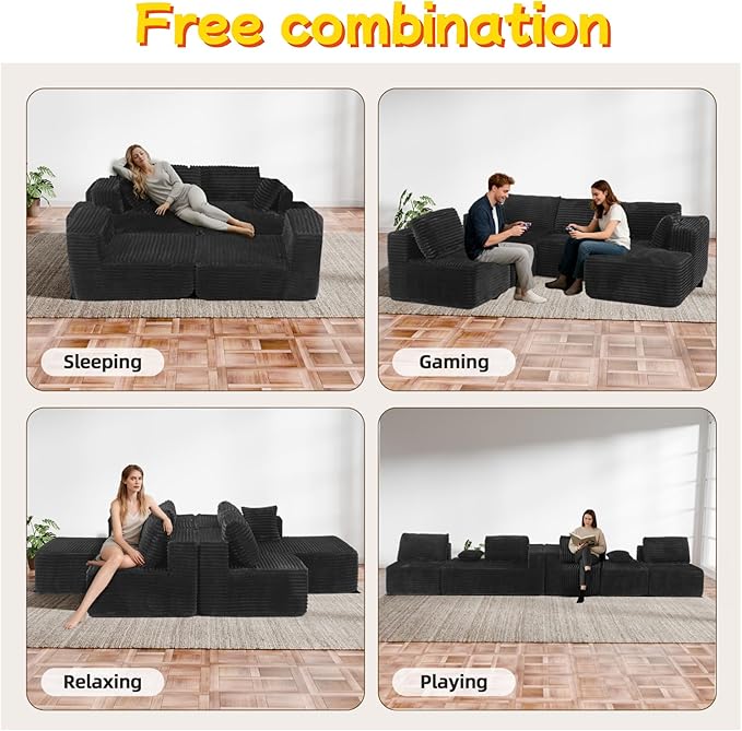 132 U Shaped Boneless Couch Cloud Sectional Modular Sofa with Double Chaise Lounge Flannel Cloud Couch with Pillows &amp Deep Seat Boneless Sofa for Living Room Flannel Black