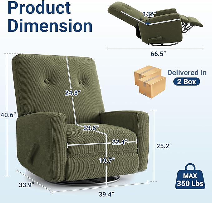GarveeHome Recliner Chairs Swivel Rocker Recliner Glider Recliner Nursery Chair for Adults 360° Swivel Glider Rocking Chair for Living Room Bedroom Office RV Small Spaces Corduroy Green