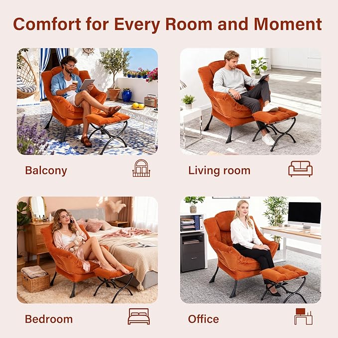 Lazy Chair with Ottoman Modern Accent Chair Contemporary Sofa Chair with Armrests Reading Chair and Folding Footstool Set for Living Room Bedroom Orange