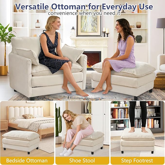 cinkehome Oversized Accent Chair with Ottoman Comfy Upholstered Armchair with Deep Seat Overstuffed Lounge Chair for Living Room Reading Nook (Beige Chenille)