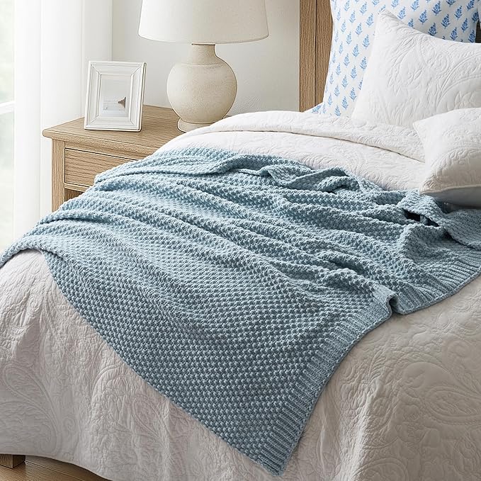 EVERGRACEHOME Chunky Chenille Knit Throw Blanket for Couch Soft Luxurious Moss Stitch Blankets for Bed Cozy Decorative Farmhouse Knitted Throws for Sofa Chambray Blue 60 x 80