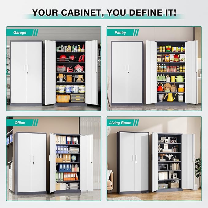 Metal Storage Cabinet with 2 Doors and 6 ShelvesGray White Metal Cabinet with Lock71 Lockable Garage Storage CabinetsLocking File CabinetSteel Tool Cabinets for HomeOfficeGarageShopSchool