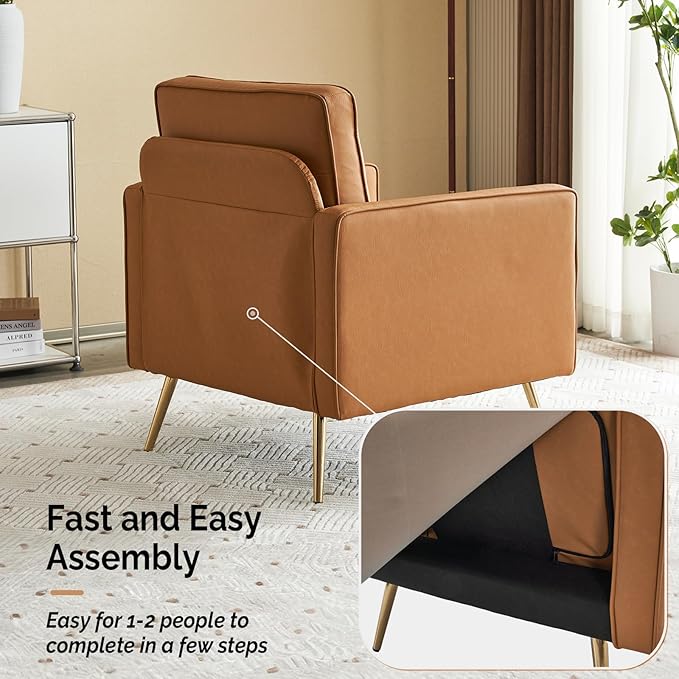 VINGLI Modern PU Leather Accent Chair for Living RoomBedroom Comfy Chair Arm Chair Reading Chair with Golden Metal Legs and Deep Seat for OfficeApartmentSmall SpaceCognac