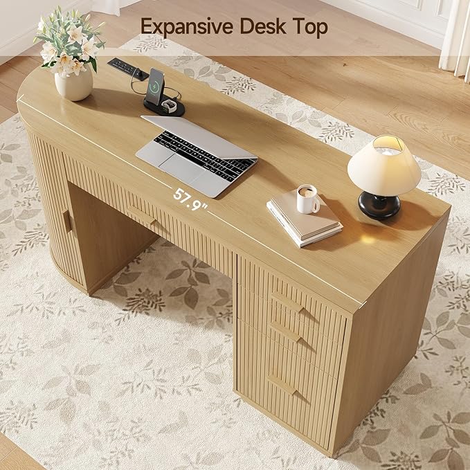 ONBRILL 58 Inch Fluted Executive Desk Computer Desk with Storage Drawers &amp File Drawer Modern Home Office Desk with Charging Station for Working Studying Writing Oak