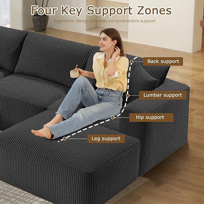 104 Cloud Couch Sectional U Shaped Boneless Couches for Living Room Corduroy Modern Modular Sectional Sofa No Assembly Required (Grey U-Shaped)