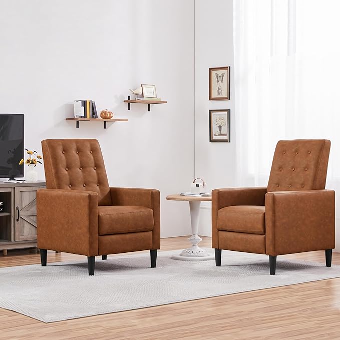 Topeakmart Faux Leather Recliner Sofa Mid-Century Modern Single Reclining Chair Adjustable Back &amp Footrest Tufted Upholstered Sofa with Pocket Spring Living Room Bedroom Home Theater Brown