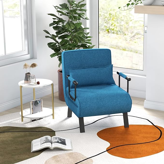 MAT EXPERT Convertible Sleeper Chair with Pillow 4-in-1 Modern Folding Chair Bed with 6-Level Adjustable Backrest Single Comfy Couch Bed for Living Room Office Balcony Apartment (Blue)