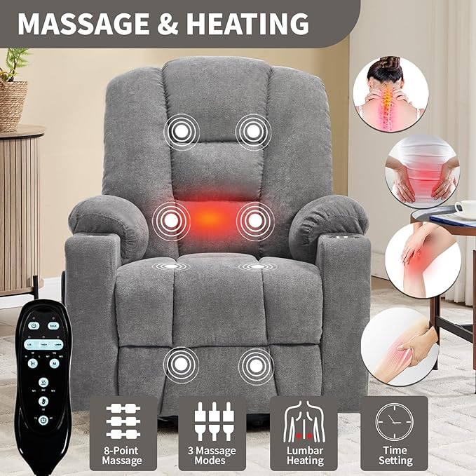 Power Lift Chair with Massage &amp Heat Electric Recliner Chairs for Adults Remote Control Sofa for Living Room Standing Assistance USB Ports Stainless Steel Cup Holders (Light Grey)