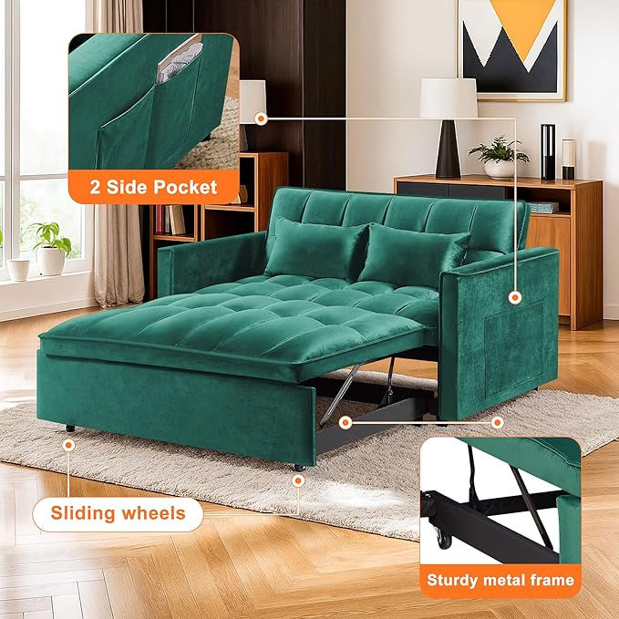 3 in 1 Convertible Sleeper Sofa BedFuton Pull Out Couch with Adjustable BackrestVelvet Fabric Loveseat Sofa with Side Pocket for Bedroom Living Room