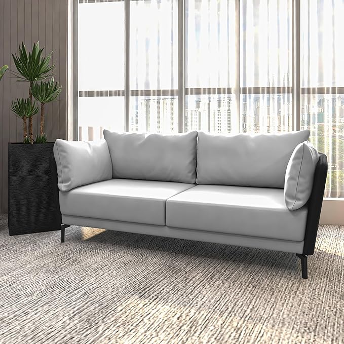 LeisureMod Luxify Series 3 Seater Sofa – Modern Leather Couch with Stainless Steel Legs Removable Cushions and Sleek Low-Profile Design for Living Rooms and Apartments in Black/Grey