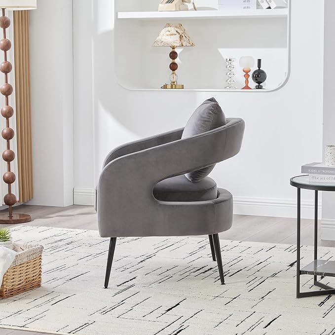 Mid Century Modern Accent Armchair - Velvet Upholstery with Removable CushionRound Arms &amp Sturdy Metal LegsComfortable Reading Chair for Living RoomBedroomApartment - Charcoal FabricBlack Leg