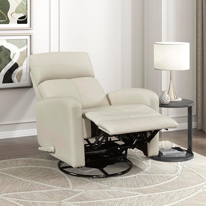 Lexicon Swivel Glider Reclining Chair Top Grain Leather Match Manual Pull Handle Recliner Comfy Nursery Glider Recliner Swivel Reclining Chair for Living Room/Office/Bedroom/Apartment Beige
