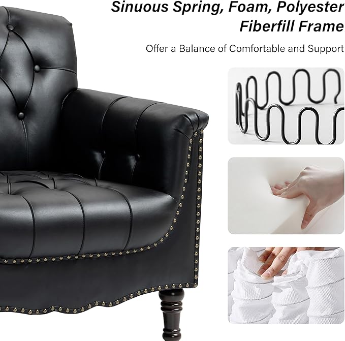 Faux Leather Accent Chair PU Leather Modern Comfy Upholstered Armchair with Wood Legs &amp Nailhead Trim for Living Room Bedroom (BlackSet of 2)