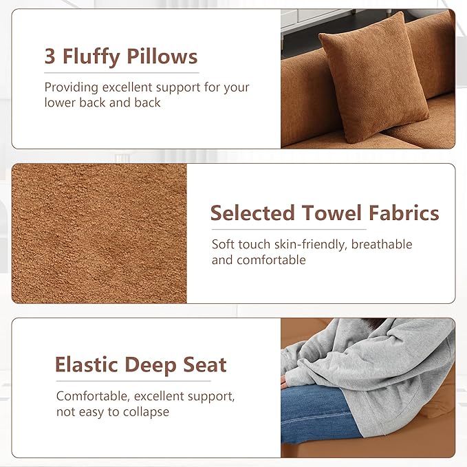 130.5 Curved Sectional Sofa for Living Room Modern Boneless Cloud Couch 4-Seater Brown Sectional Couch with 3 Pillows for Apartment Bedroom Office