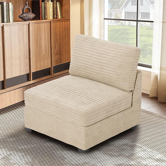 ovios 32.7 inches Middle Seat Module for Modular Sectional Sofa Couch Loveseat Customizable DIY Combination L U V Shaped Plush Corduroy Sofas Couches for Living Room Beige