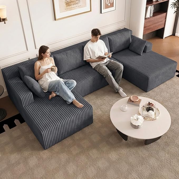 124 U-Shape Cloud Couch Modern Modular Sectional U-Shape Sofa Corduroy Upholstered Couches Deep Seat Sleeper Chaise Longue for Living Room No Assembly RequiredDark Gray