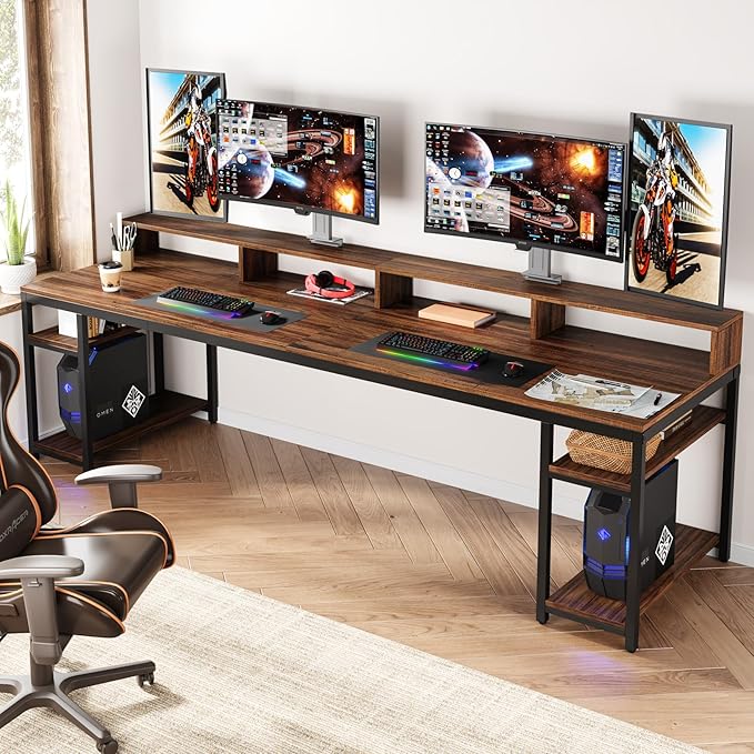 Tribesigns Two Person Desk with Monitor Stand 78.74 Long Double Computer Office Desk with Storage Shelves Large Gaming Study Writing Table Workstation for Home Office (Rustic Brown)