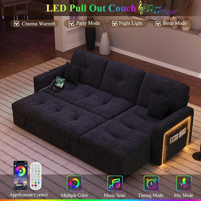 HIFIT 81 LED Sectional Sleeper Sofa with Pull Out Couch Bed Convertible L Shaped Couch with Storage &amp USB &amp Adjustable Backrest &amp 2 Pillows Chenille Sectional Couch for Living Room Bedr