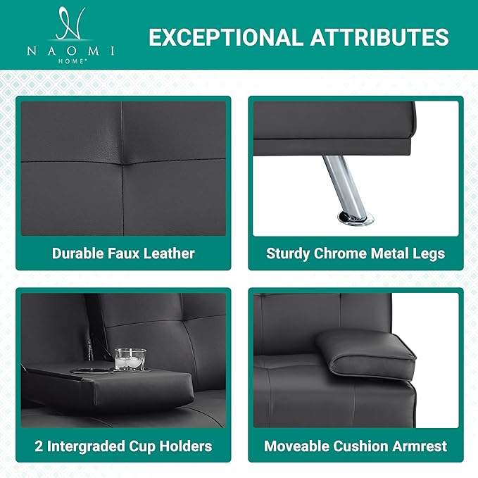 Naomi Home Black Futon Sofa Bed Faux Leather Futon Couch with Armrest and 2 Cupholders Pull Out Sofa Bed Couch with Metal Legs Reclining Small Bed Black Couches for Living Room
