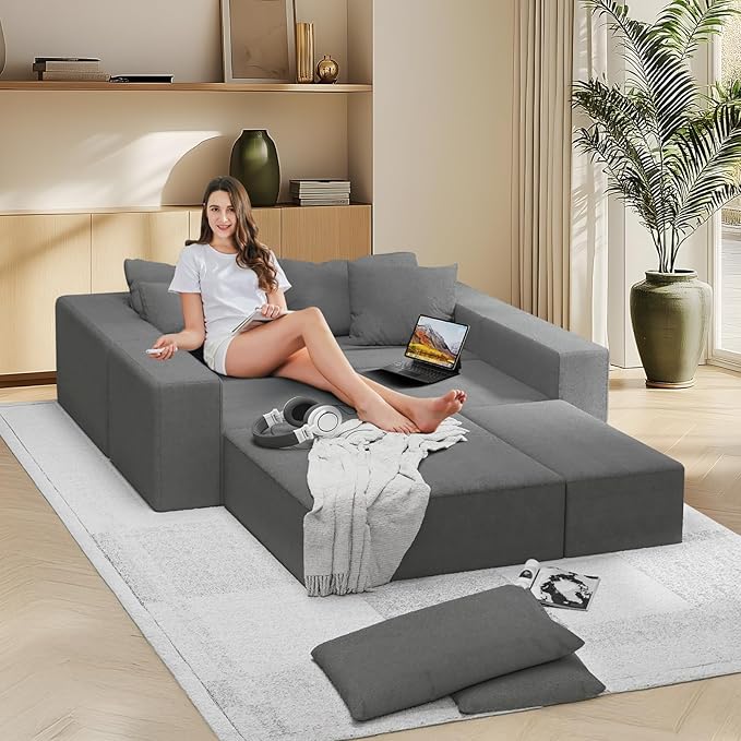 132'' Oversized Cloud Couch Upholstered Modular Sectional Sofa with 6 Pillows Deep Seat Chenille Couches for Living Room Modular Sectional Sofa Free Combination No Assembly Required (Gray)