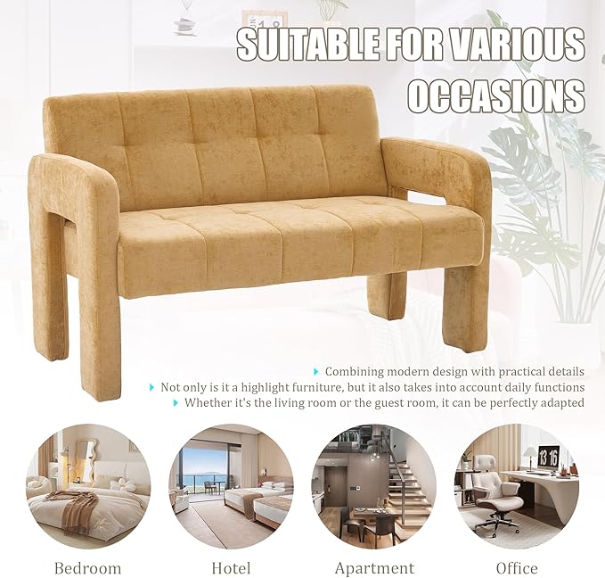 47'' Modern Loveseat Comfortable Small Couch for Two with Chenille Fabric Minimalist Accent Chair for Bedroom Office Entryway Dorm (Mustard Yellow)