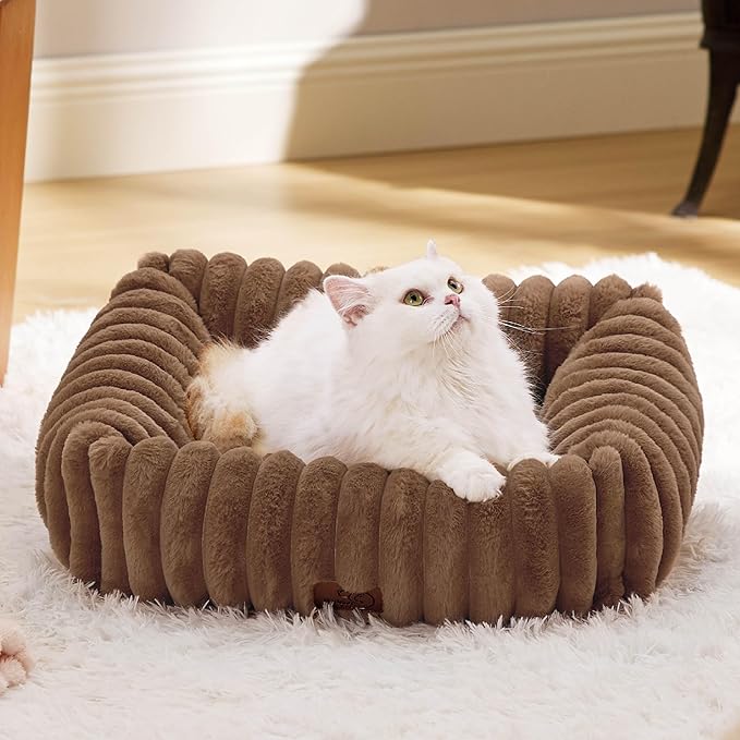 Bedsure ComfyFleece™ Cute Dog Bed for Small Dogs &amp Cats - Washable Furry Puppy Beds Rectangle Orthopedic Corduroy Fleece Pet Beds with Removable Zipper Cover 20x19x6inches Camel Brown
