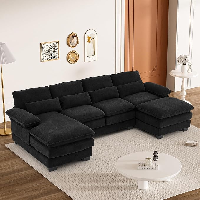 114 U Shaped Cloud Couch Sectional Modular Sofa Sectional Couches for Living Room Modern Comfy Chenille Modular L Shaped Sofa Set with Chaise Lounge Ottoman Black