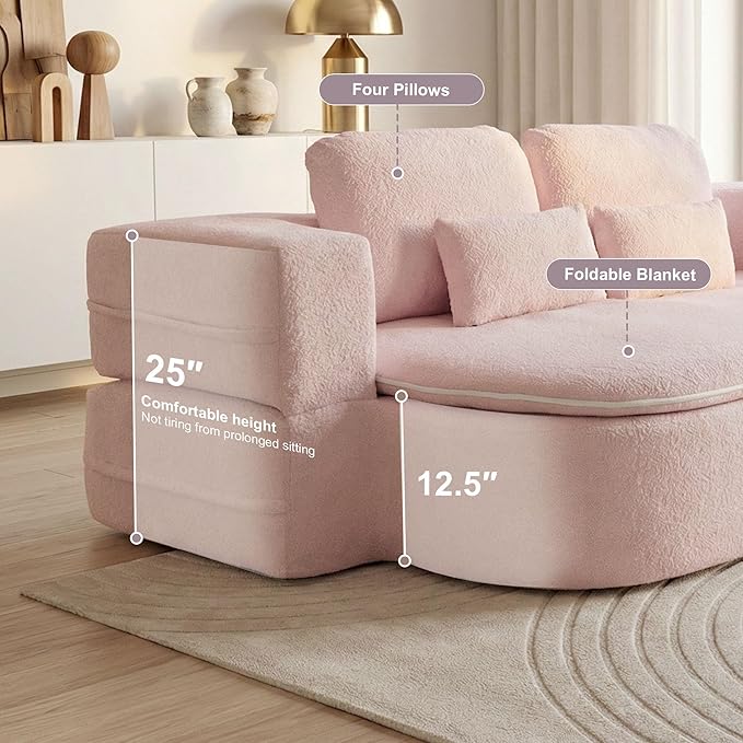 75'' Folding Sleeper Sofa Bed Convertible Memory Foam Boneless Couch Foldable Full Size Guest Bed Modern 2-in-1 Futon Floor Sleeper Sofa with 4 Pillows and Blanket (Teddy Pink2)