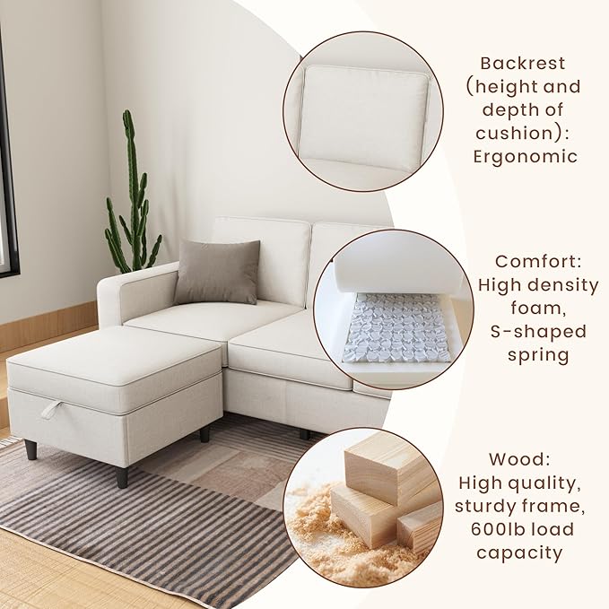 Sectional Sofa Couches for Living Room - L Shaped Cloud Couch-Comfy L Shape Modular Sofawith Storage Chaise-Washable Covers-Suitable for Living RoomsApartmentsRooms and Offices-Beige