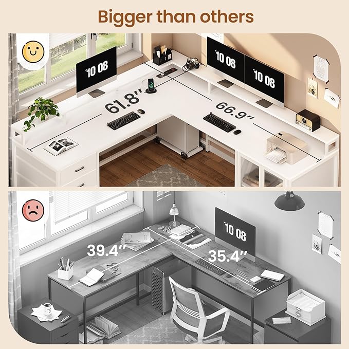 SEDETA L Shaped Gaming Desk with 4 Drawers 109” Computer Desk with Display Cabinet Home Office Desks with 2 Monitor Stands CPU Stand LED Lights and Power Outlet White