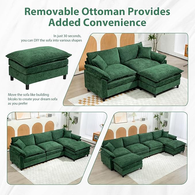 Chenille Modular Sectional Sofa 111.8'' Comfy Cloud Sofa Couch with Remove Ottoman Large L-Shaped Sofa for Living Room Extra Deep Seat Sofa with Pillows DIY Green