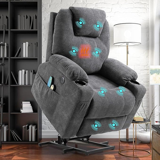 Electric Power Lift Recliner Chair with Heat and Massage for Elderly Ergonomic Lounge Chair Single Sofa Recliners for Living Room with Cup Holders USB Ports4 Pockets Soft Fabric (Gray)