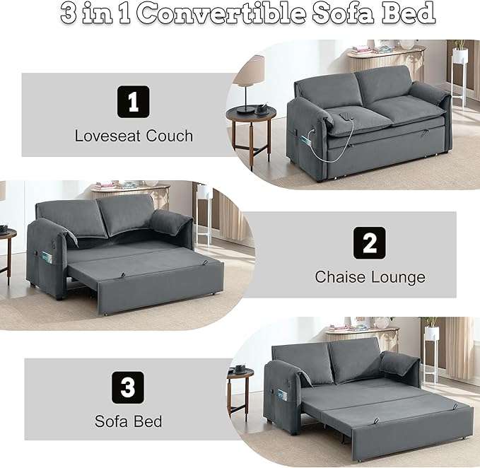 63 Velvet Pull Out Sofa Bed 3-in-1 Convertible Futon Loveseat Queen Sleeper Sofa Couch Bed with Adjustable Backrest USB Ports &amp Side Pockets Modern Sofas for Living Room Apartment Light Grey
