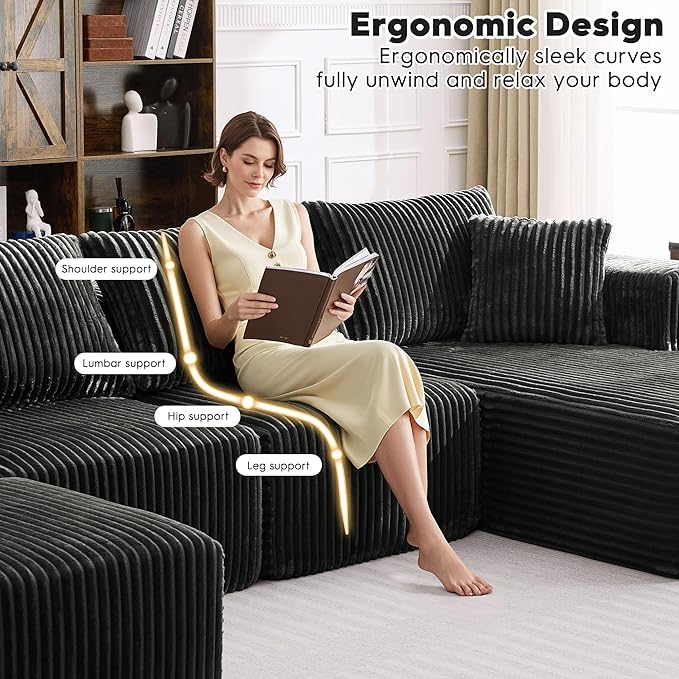 Ihanherry 139.37 Cloud Modular Sectional Couch Sofa with U-Shape Chaise and Big Ottoman with Deep Seat Upholstered Couches for Living RoomNo Assembly Required Plush Corduroy Fabric (Black)
