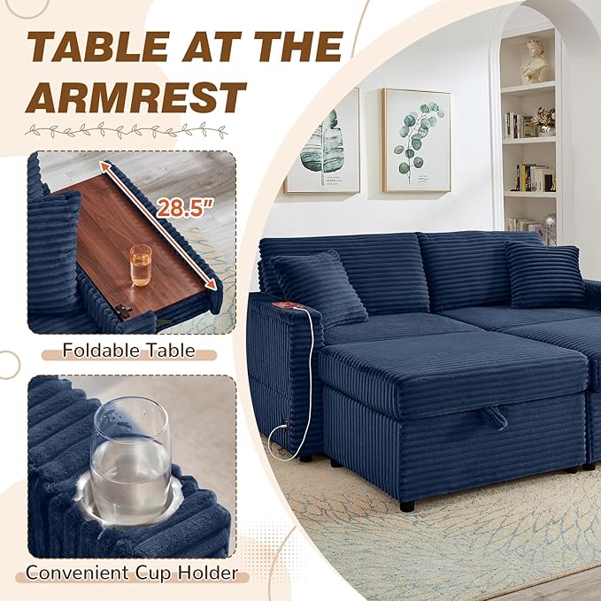 Chaise Lounge Chair Indoor 68 W Corduroy Loveseat Sectional Couch with Sorage Ottoman/Wing Table/Charge Ports/Cup Holder Modern Comfy Deep Seat Reading L-Shape Sofa for Living Room Blue