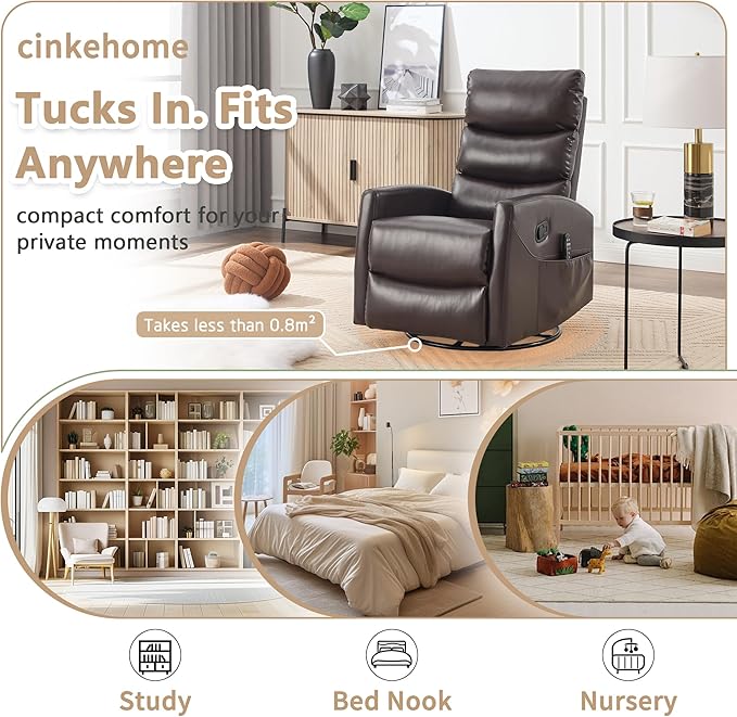 cinkehome Small Swivel Rocker Recliner Chair with Heated Massage Upholstered Nursery Glider Recliner Chair High Back Side Pocket (Brown PU Leather)